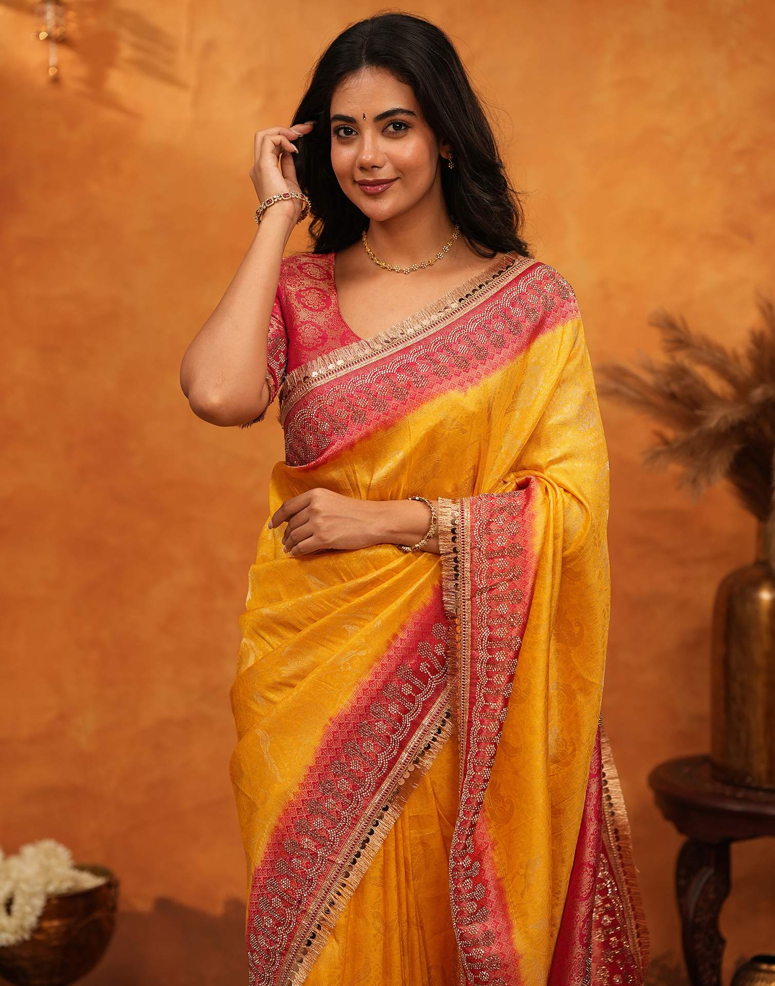 Yellow Silk Woven Stone Work Banarasi Saree