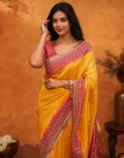 Yellow Silk Woven Stone Work Banarasi Saree