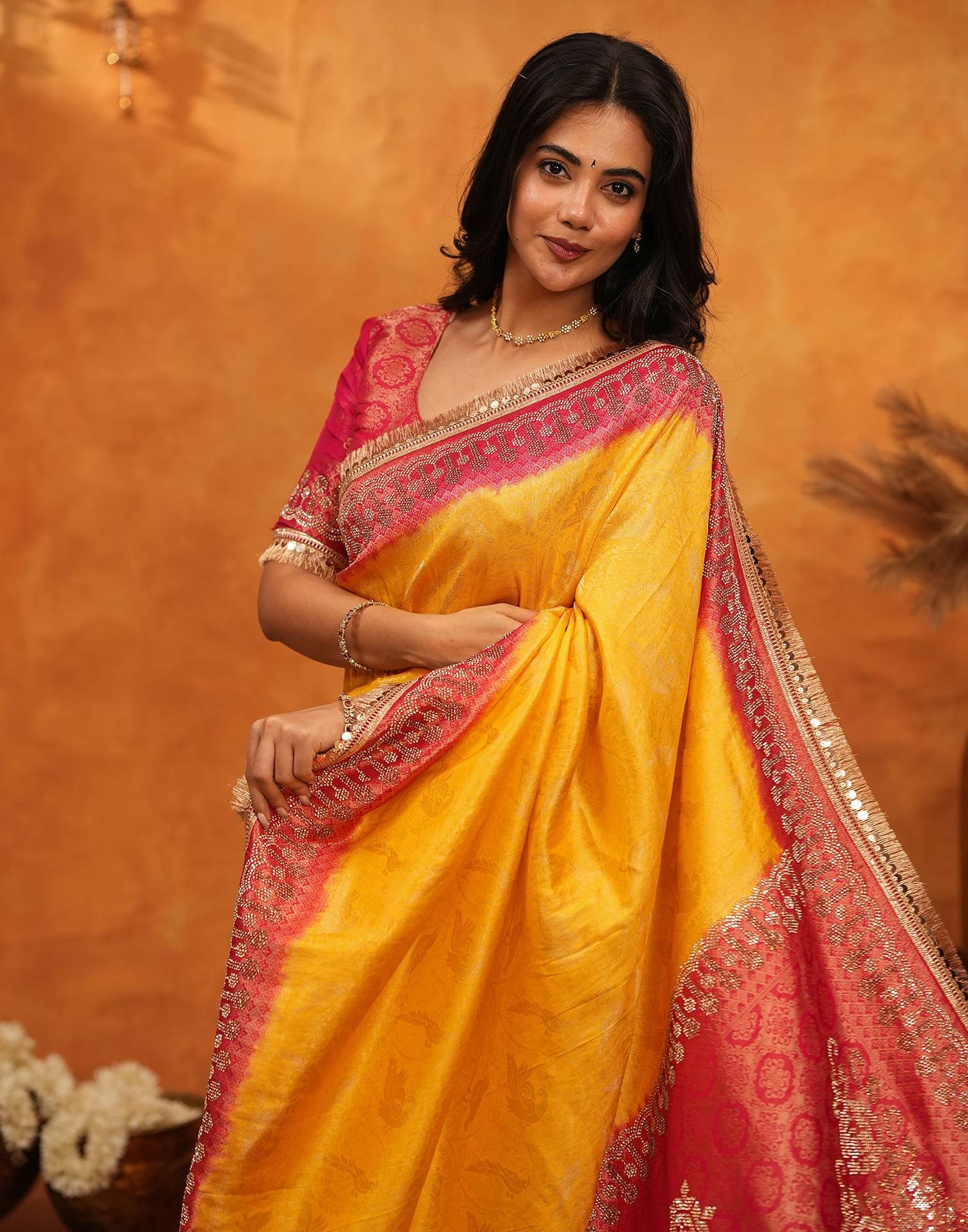 Yellow Silk Woven Stone Work Banarasi Saree