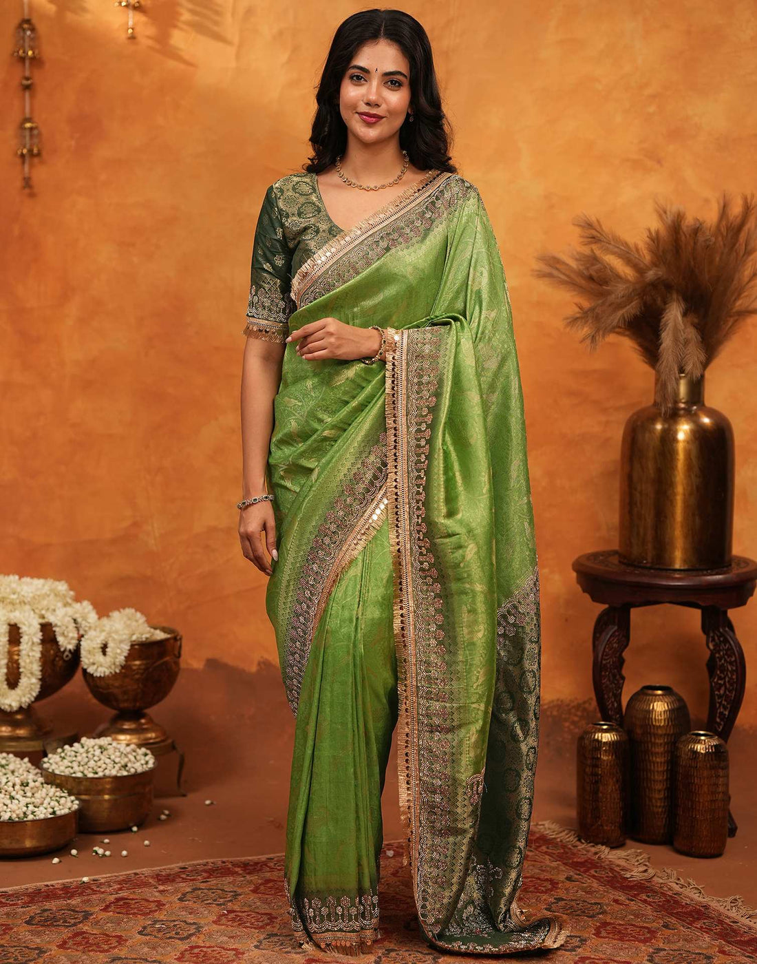 Parrot Green Silk Woven Stone Work Banarasi Saree