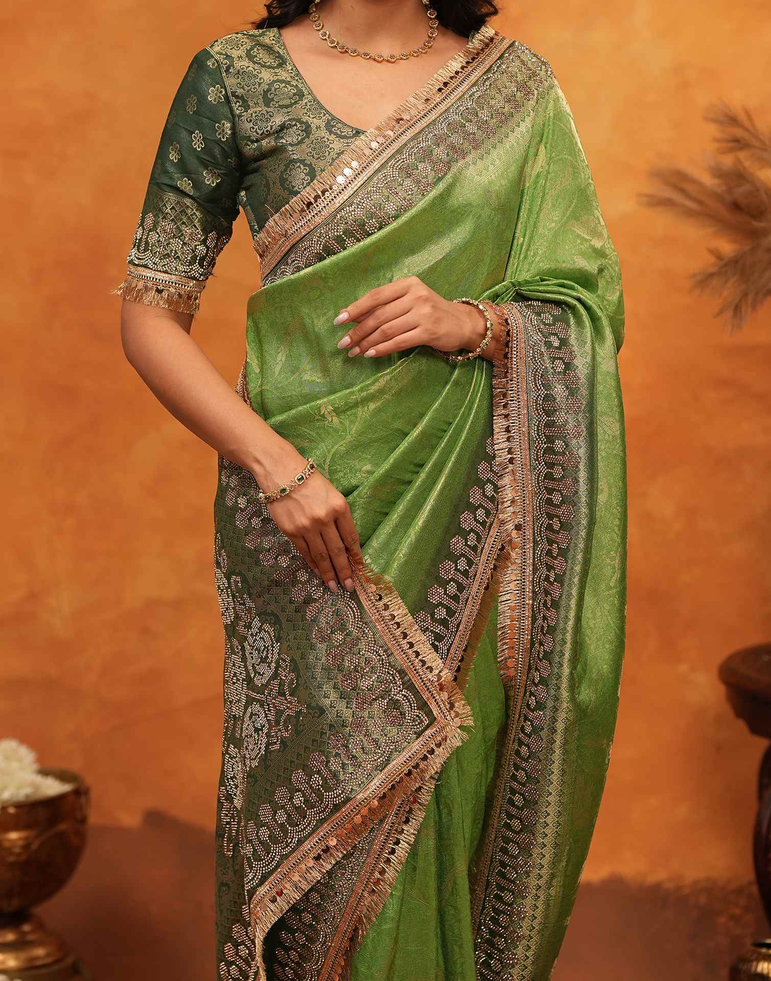 Parrot Green Silk Woven Stone Work Banarasi Saree