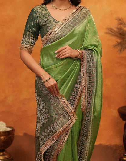 Parrot Green Silk Woven Stone Work Banarasi Saree