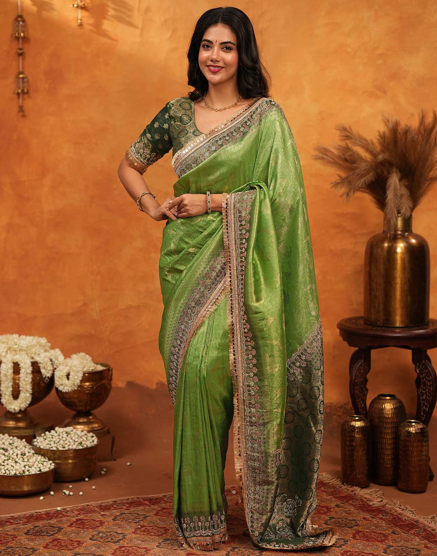 Parrot Green Silk Woven Stone Work Banarasi Saree