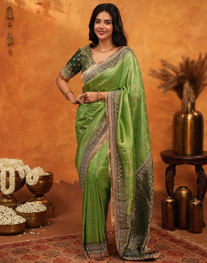 Parrot Green Silk Woven Stone Work Banarasi Saree