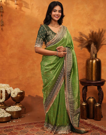 Parrot Green Silk Woven Stone Work Banarasi Saree