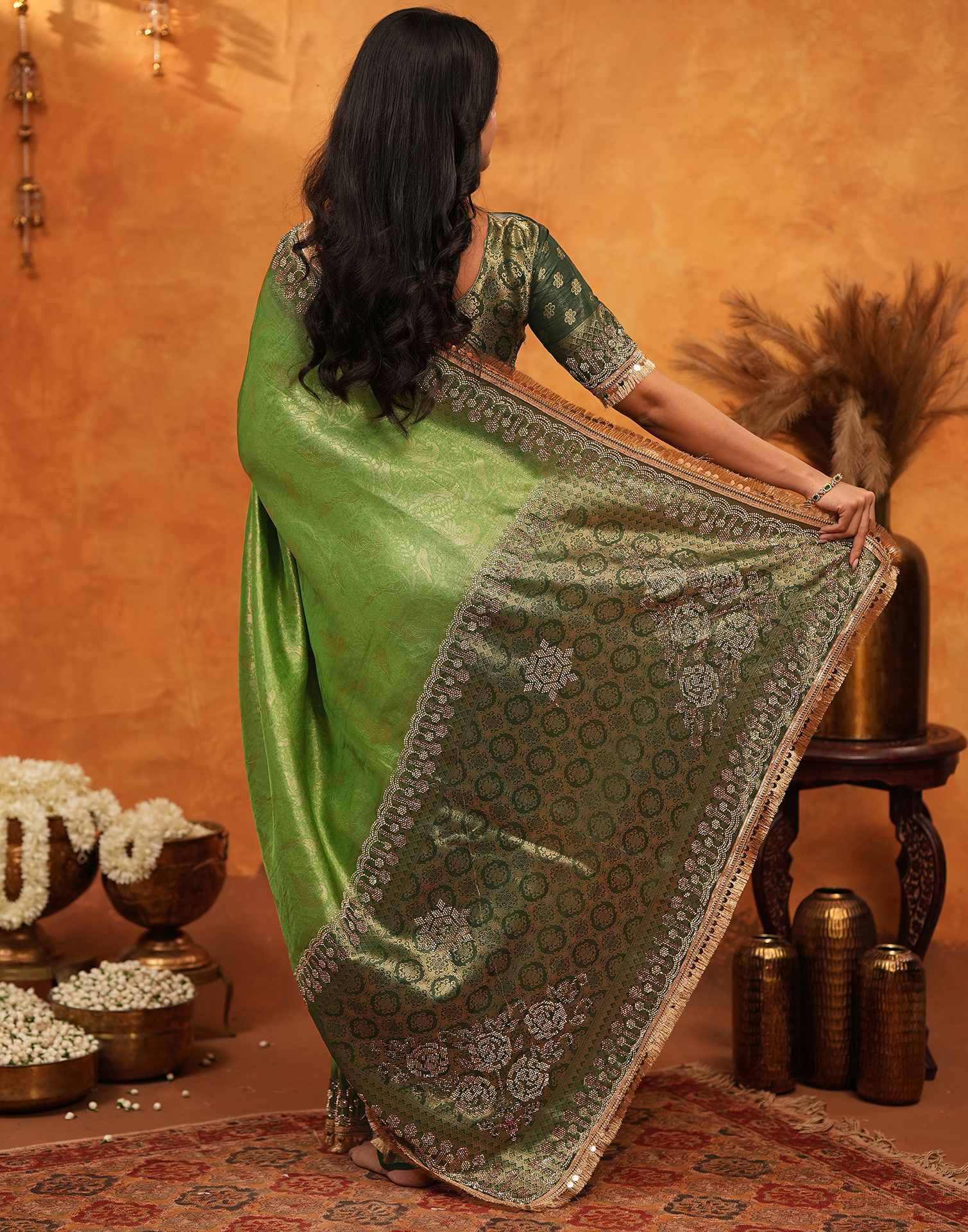 Parrot Green Silk Woven Stone Work Banarasi Saree