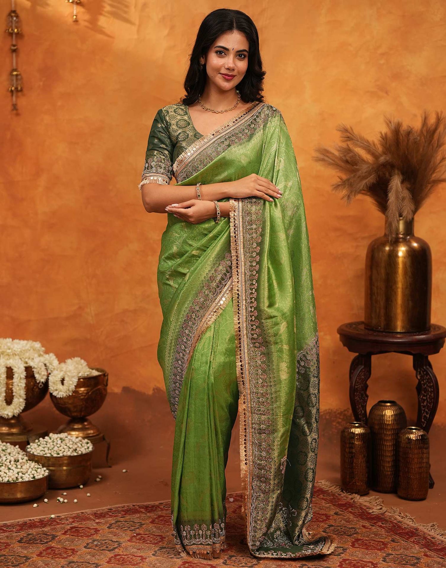 Parrot Green Silk Woven Stone Work Banarasi Saree