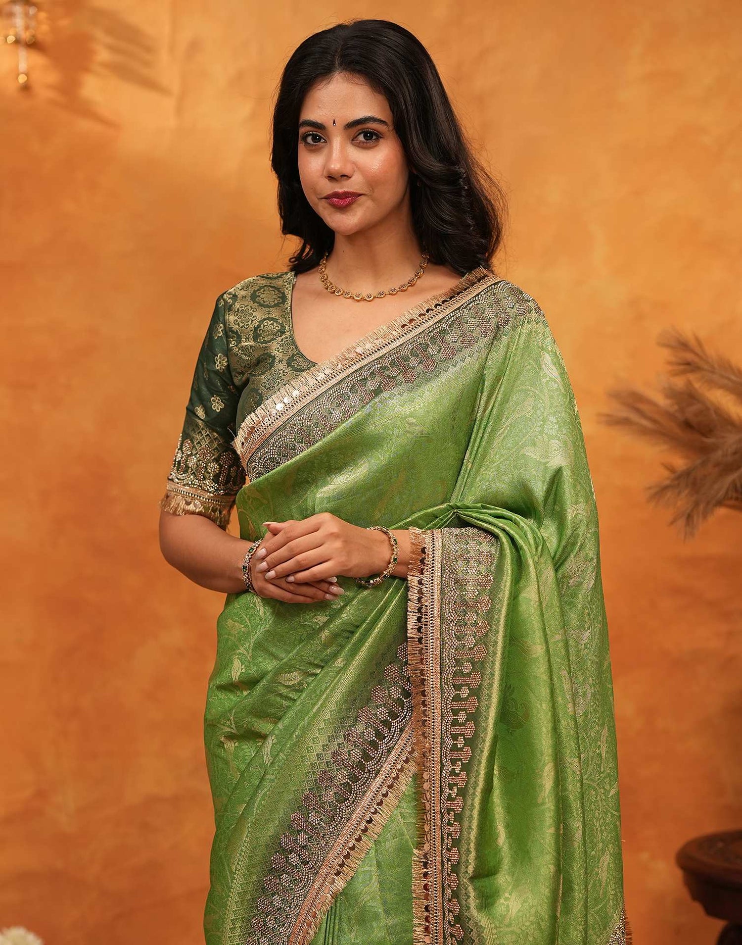 Parrot Green Silk Woven Stone Work Banarasi Saree