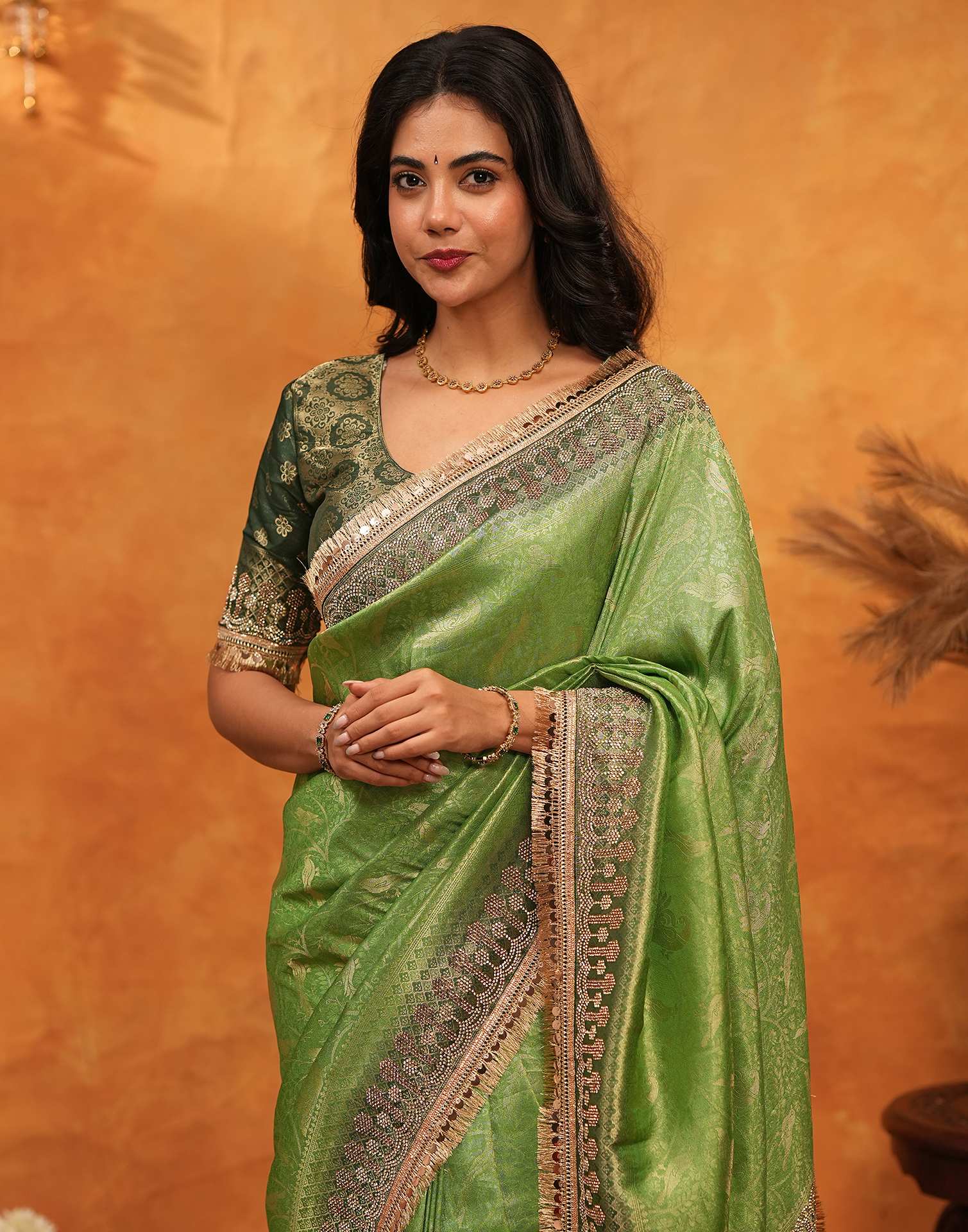 Parrot Green Silk Woven Stone Work Banarasi Saree