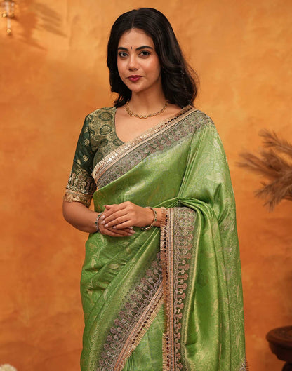 Parrot Green Silk Woven Stone Work Banarasi Saree