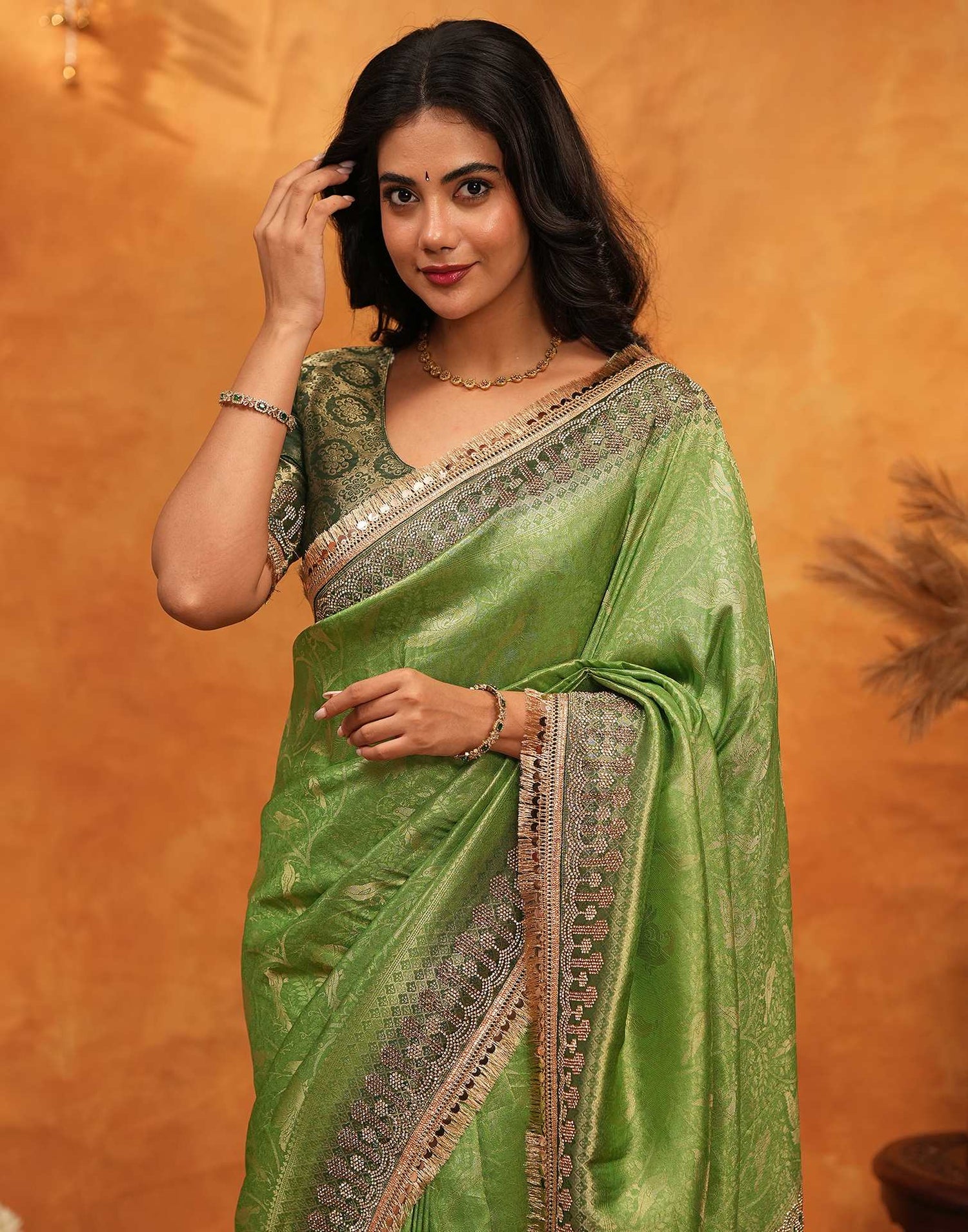 Parrot Green Silk Woven Stone Work Banarasi Saree