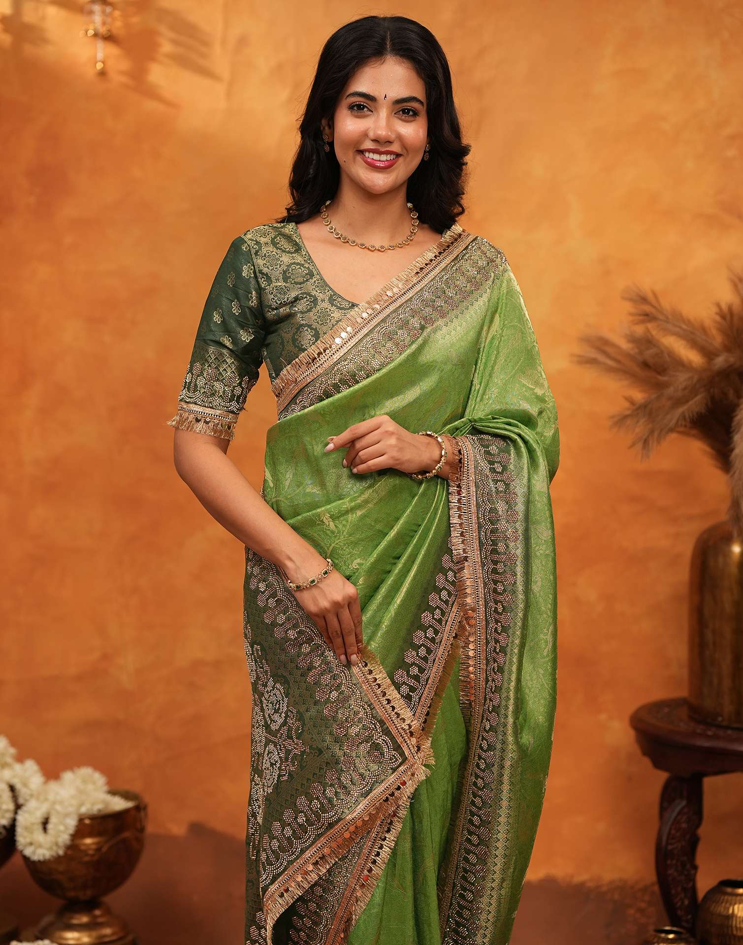 Parrot Green Silk Woven Stone Work Banarasi Saree