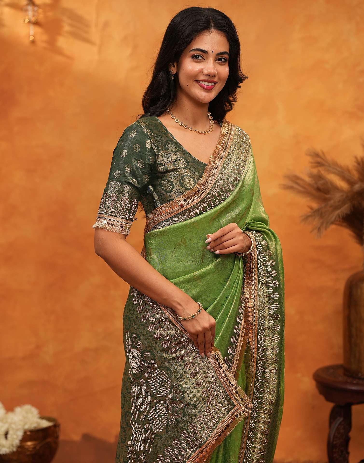 Parrot Green Silk Woven Stone Work Banarasi Saree