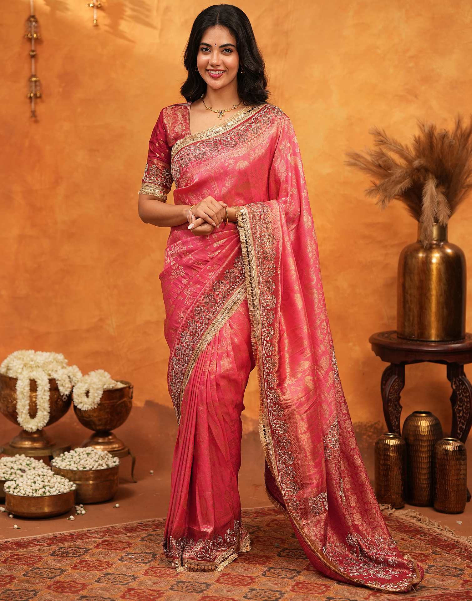 Pink Silk Woven Stone Work Banarasi Saree