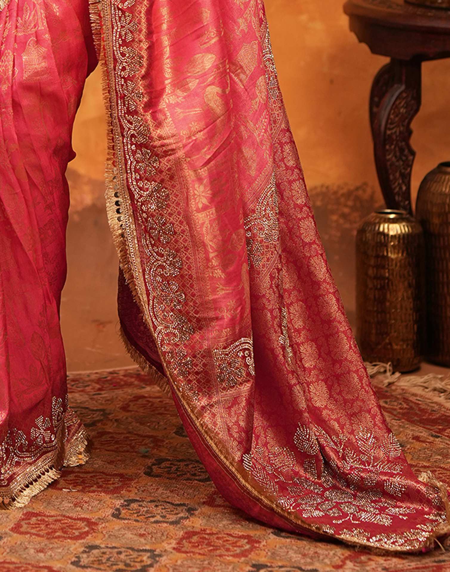 Pink Silk Woven Stone Work Banarasi Saree