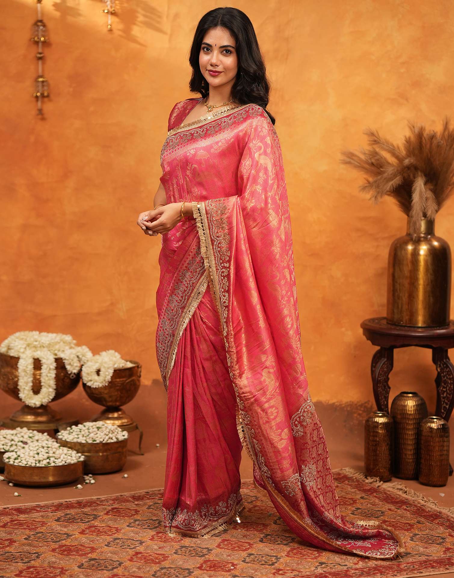 Pink Silk Woven Stone Work Banarasi Saree