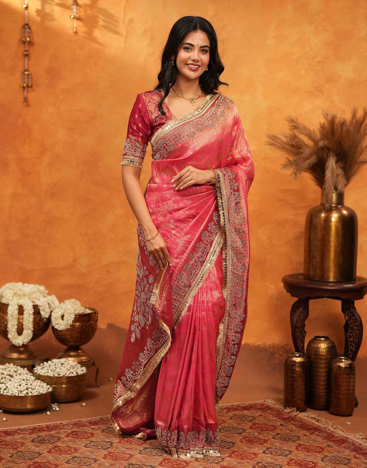 Pink Silk Woven Stone Work Banarasi Saree