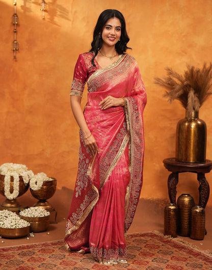 Pink Silk Woven Stone Work Banarasi Saree