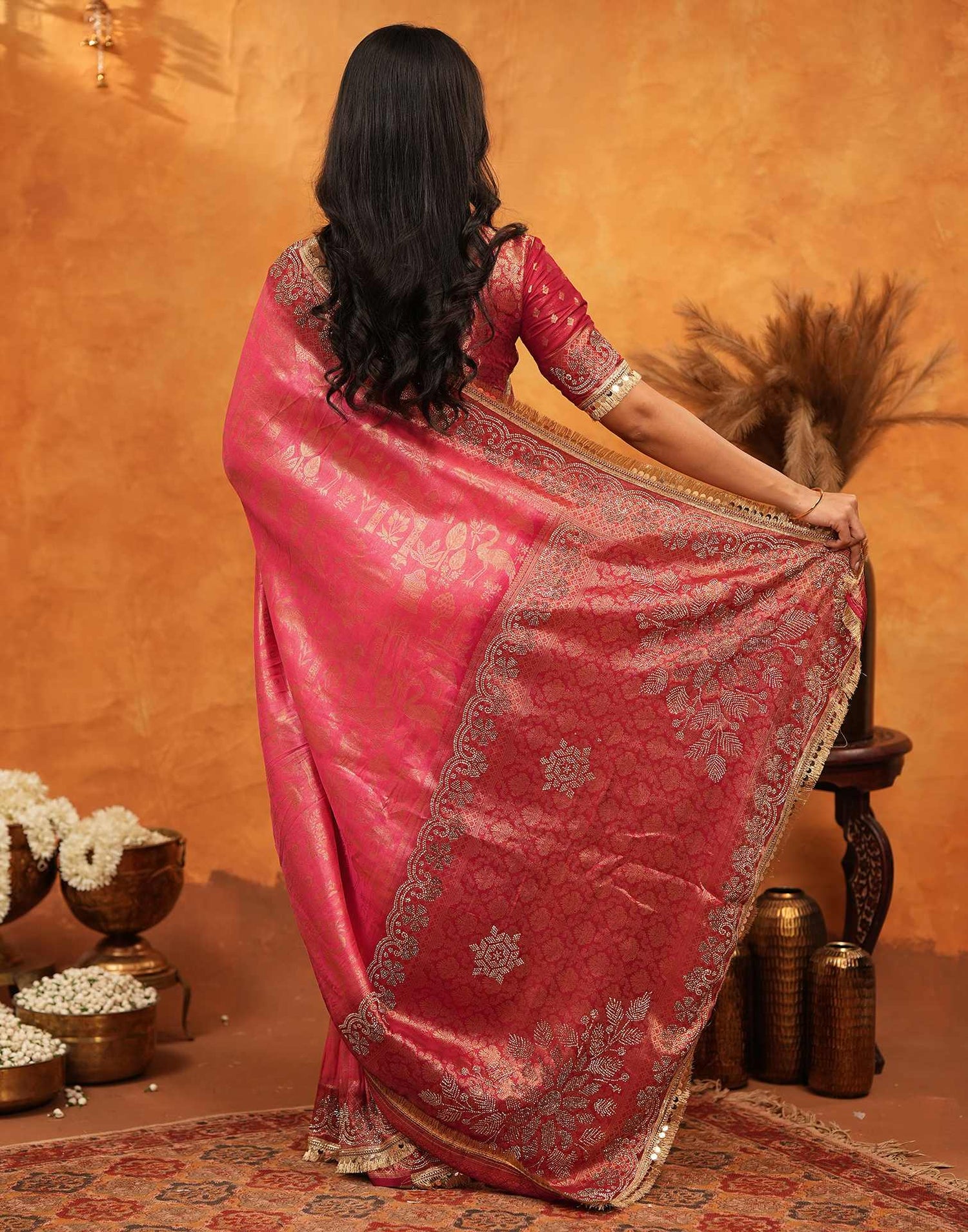 Pink Silk Woven Stone Work Banarasi Saree