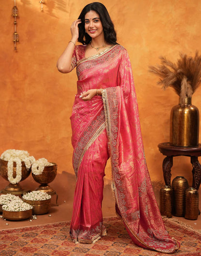 Pink Silk Woven Stone Work Banarasi Saree