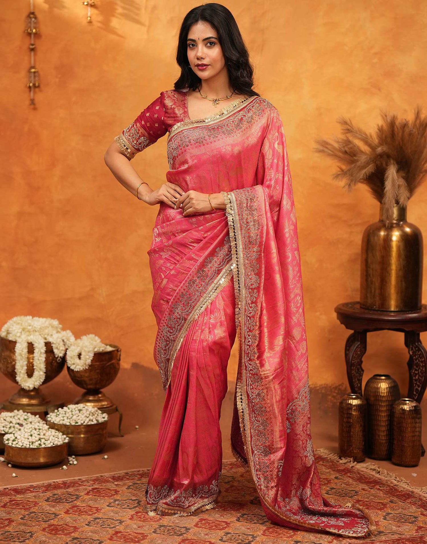 Pink Silk Woven Stone Work Banarasi Saree