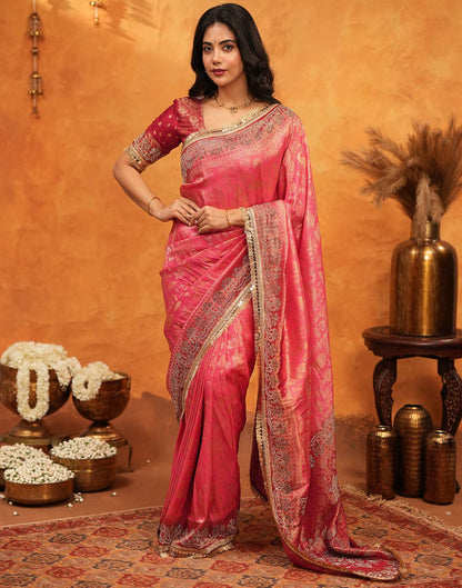 Pink Silk Woven Stone Work Banarasi Saree