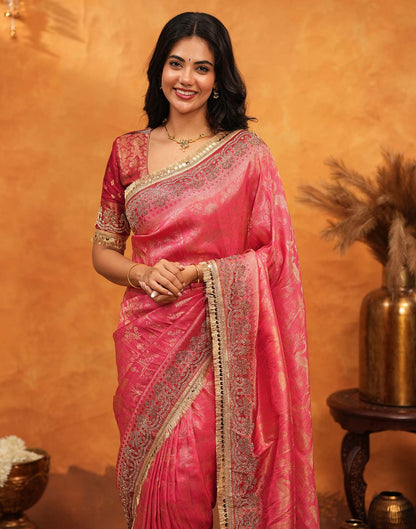 Pink Silk Woven Stone Work Banarasi Saree
