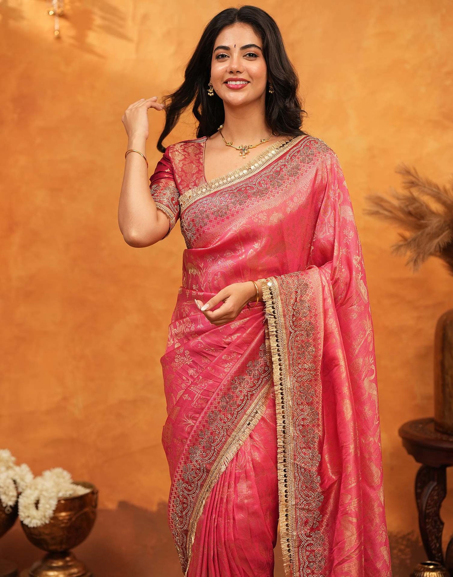 Pink Silk Woven Stone Work Banarasi Saree