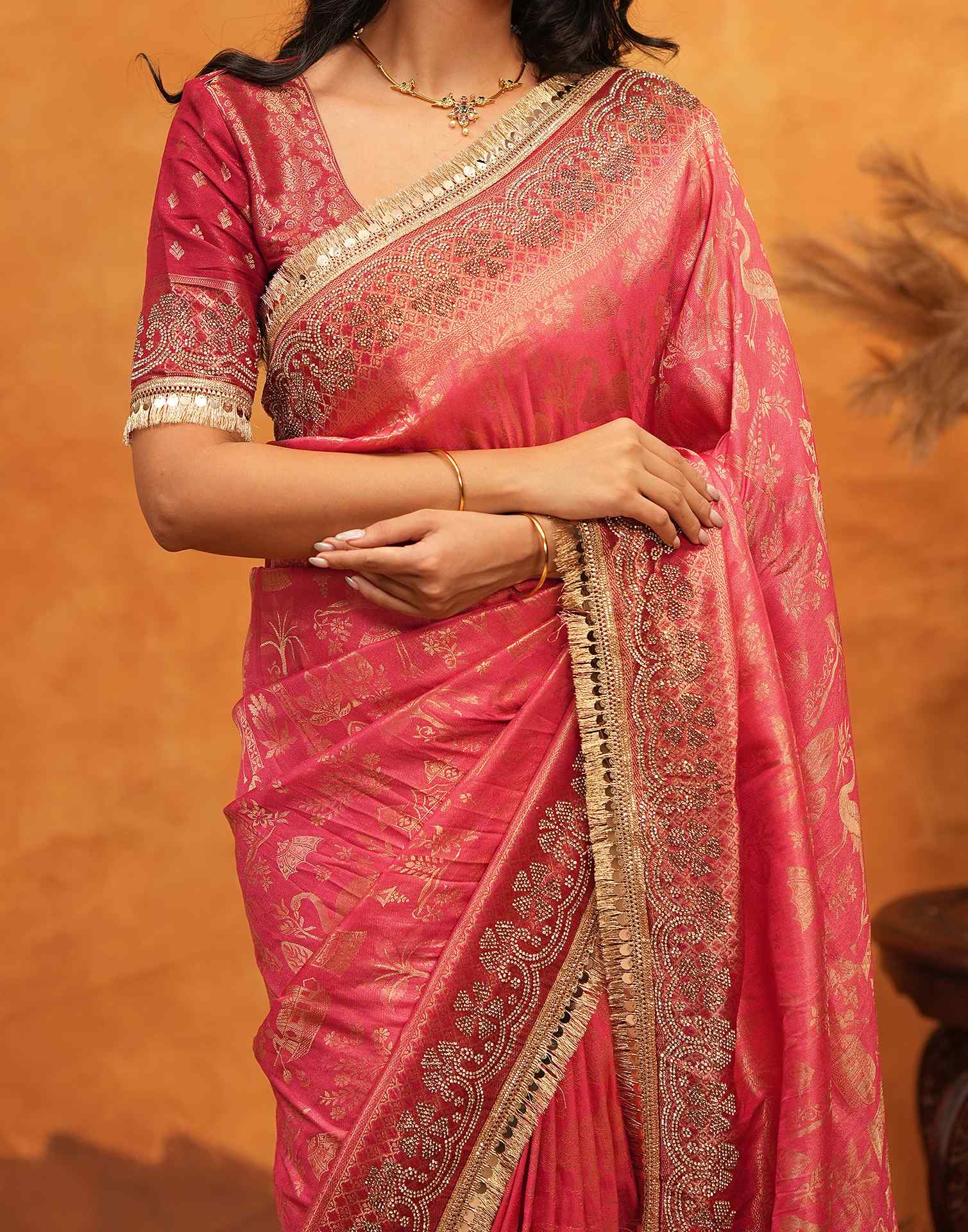 Pink Silk Woven Stone Work Banarasi Saree