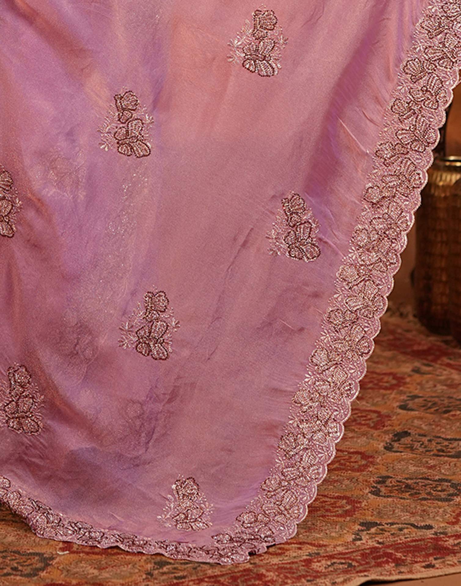 Light Purple Shimmer Silk Stone Work Embroidery Saree