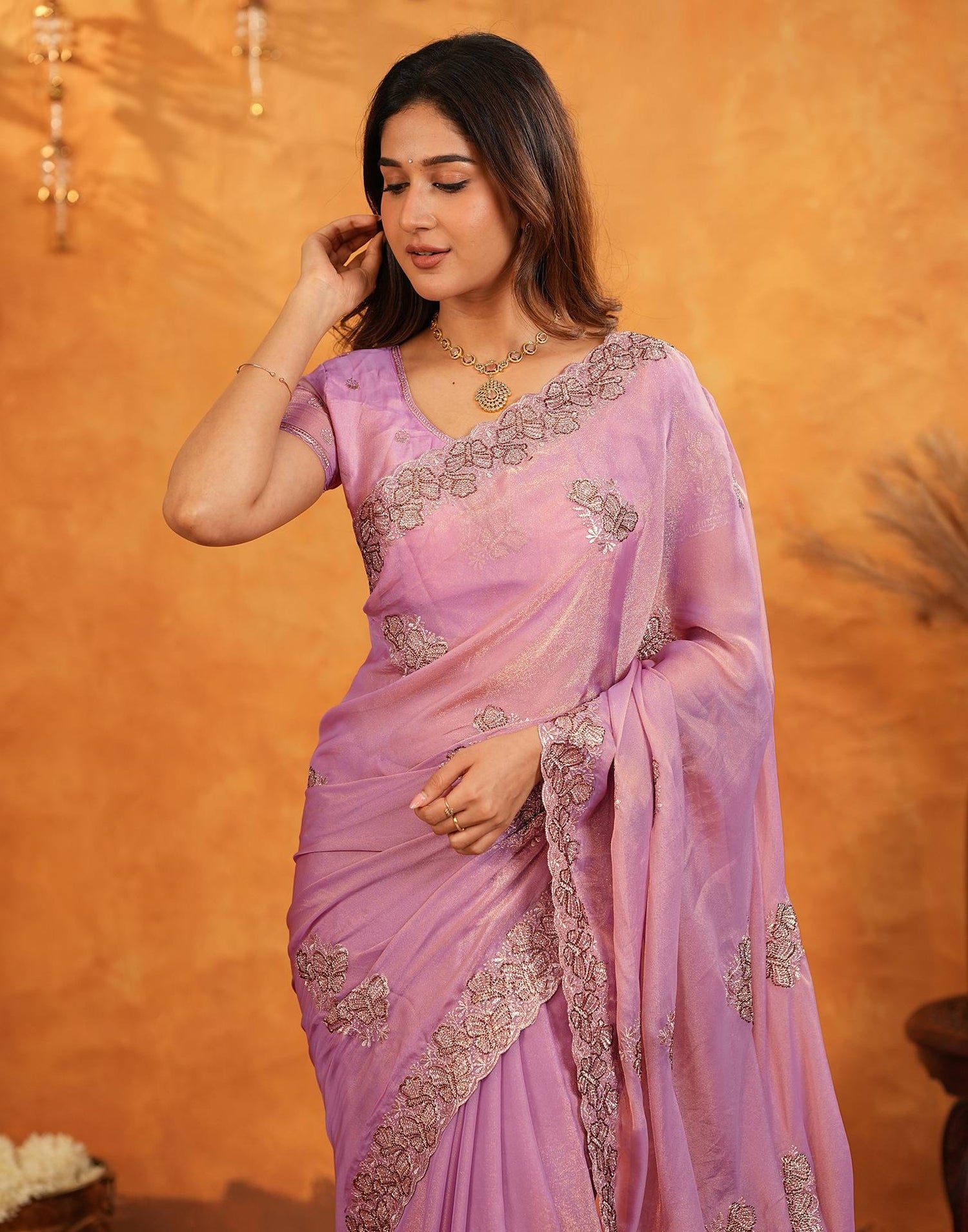 Light Purple Shimmer Silk Stone Work Embroidery Saree