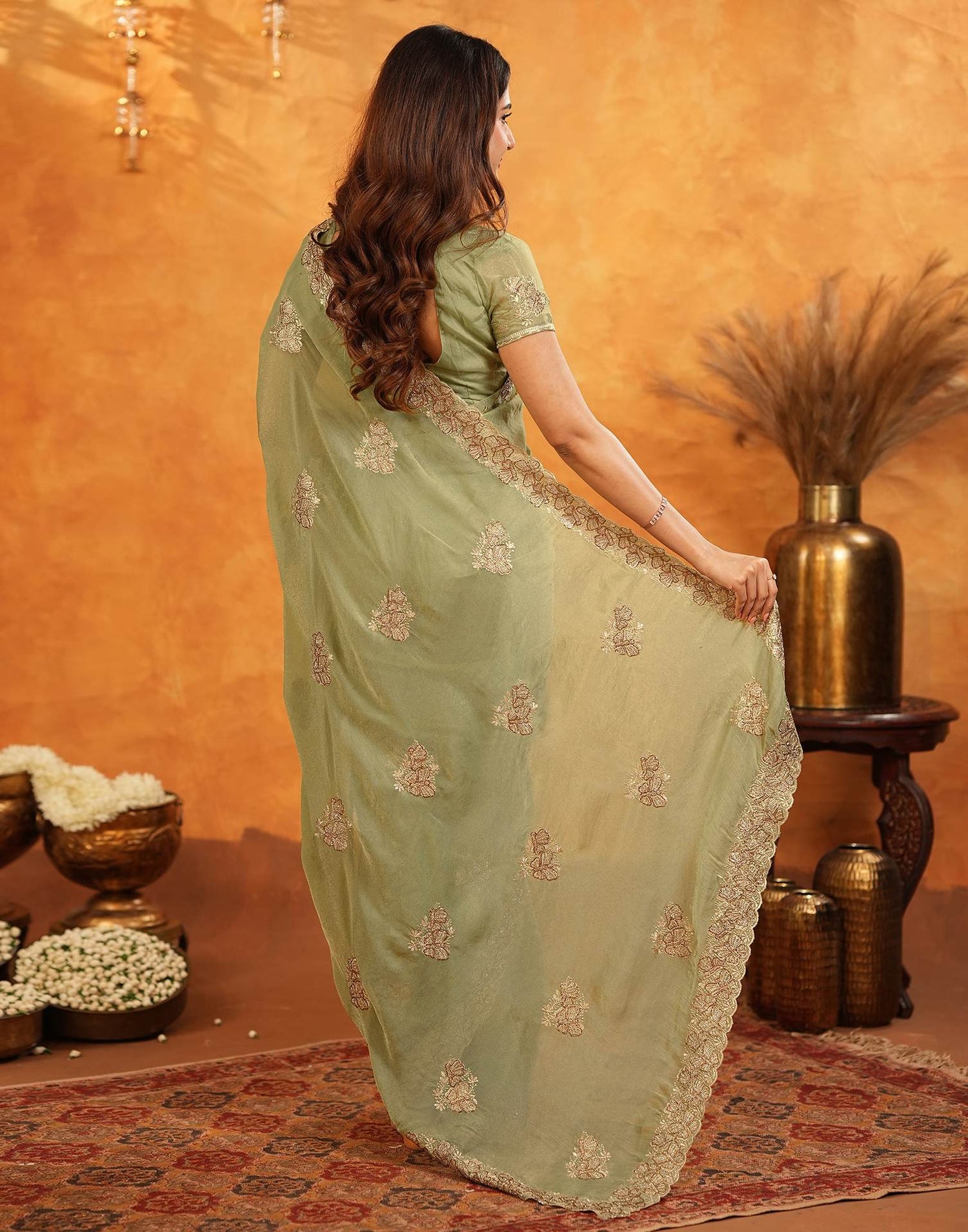 Pista Green Shimmer Silk Stone Work Embroidery Saree