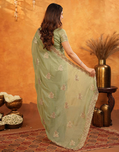 Pista Green Shimmer Silk Stone Work Embroidery Saree