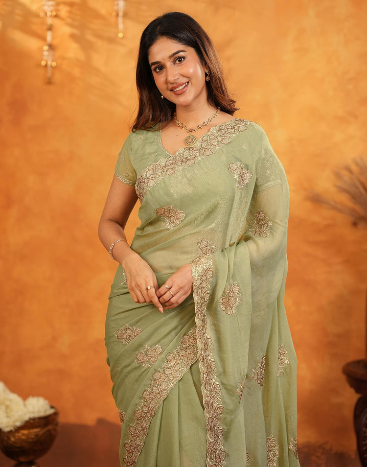 Pista Green Shimmer Silk Stone Work Embroidery Saree