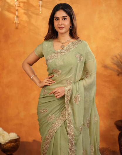 Pista Green Shimmer Silk Stone Work Embroidery Saree