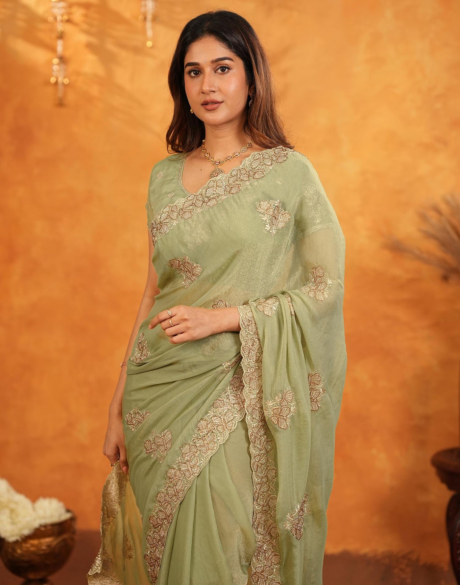 Pista Green Shimmer Silk Stone Work Embroidery Saree
