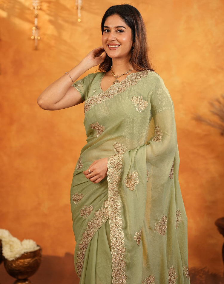 Pista Green Shimmer Silk Stone Work Embroidery Saree