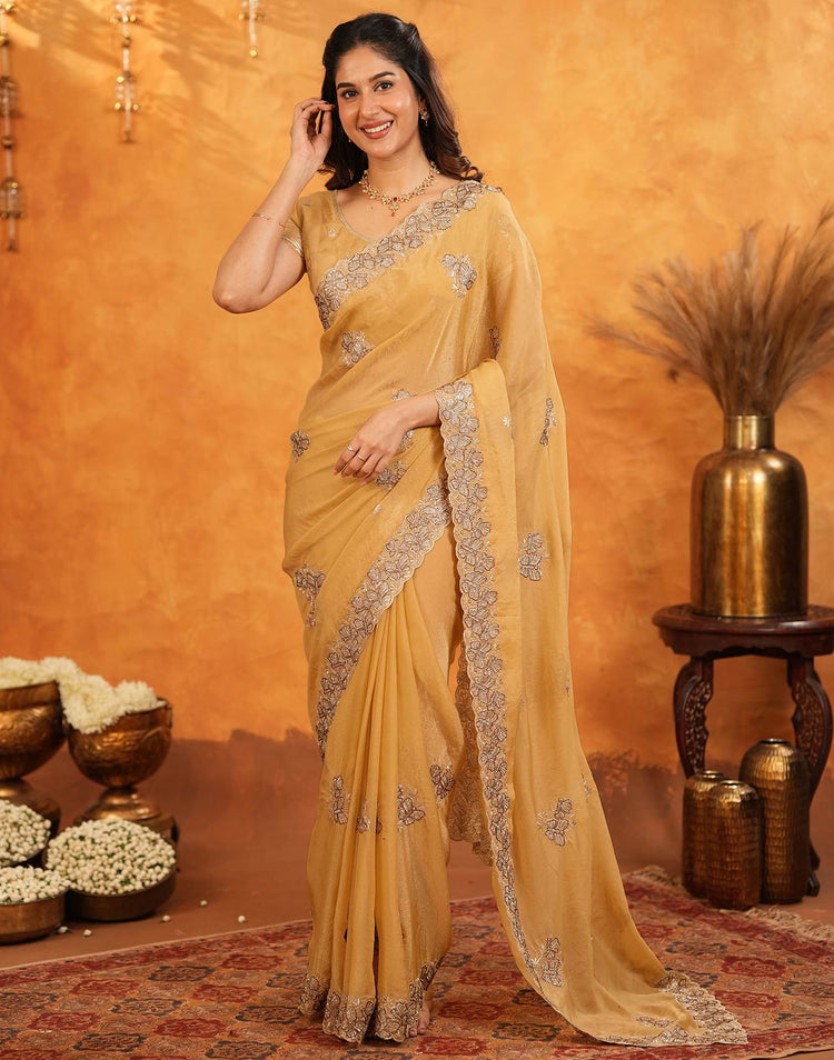 Light Mustard Shimmer Silk Stone Work Embroidery Saree