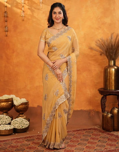 Light Mustard Shimmer Silk Stone Work Embroidery Saree