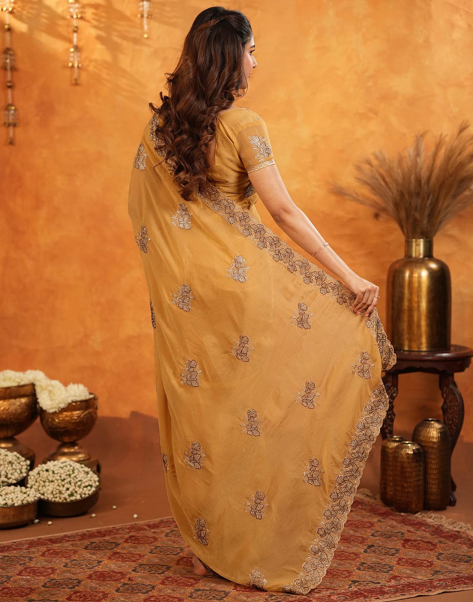 Light Mustard Shimmer Silk Stone Work Embroidery Saree
