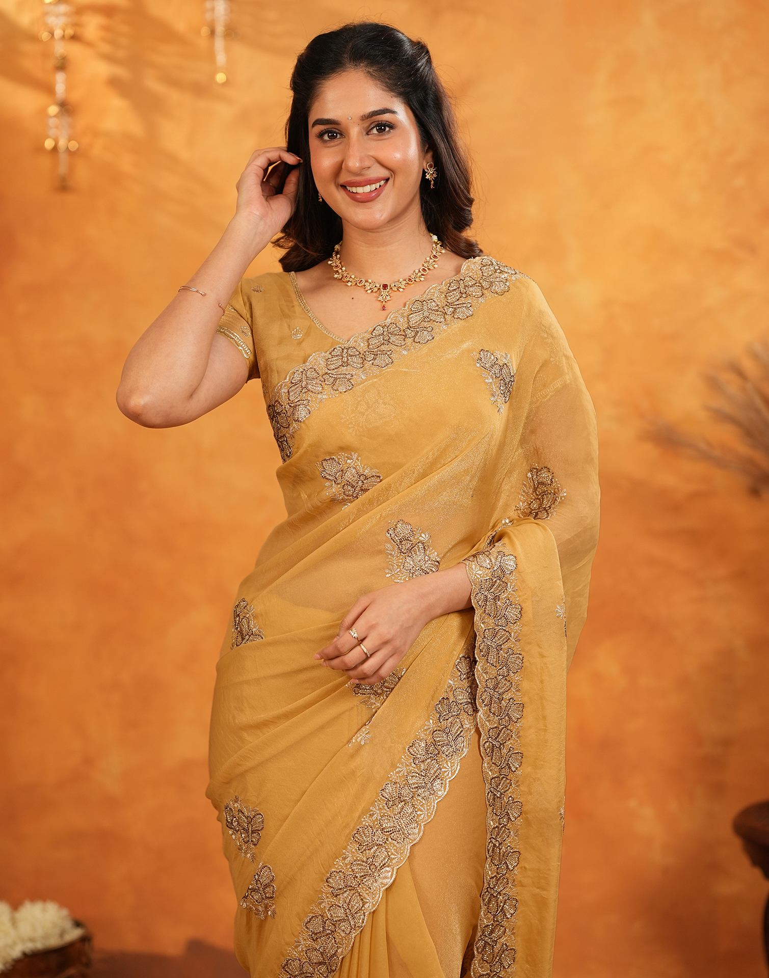 Light Mustard Shimmer Silk Stone Work Embroidery Saree