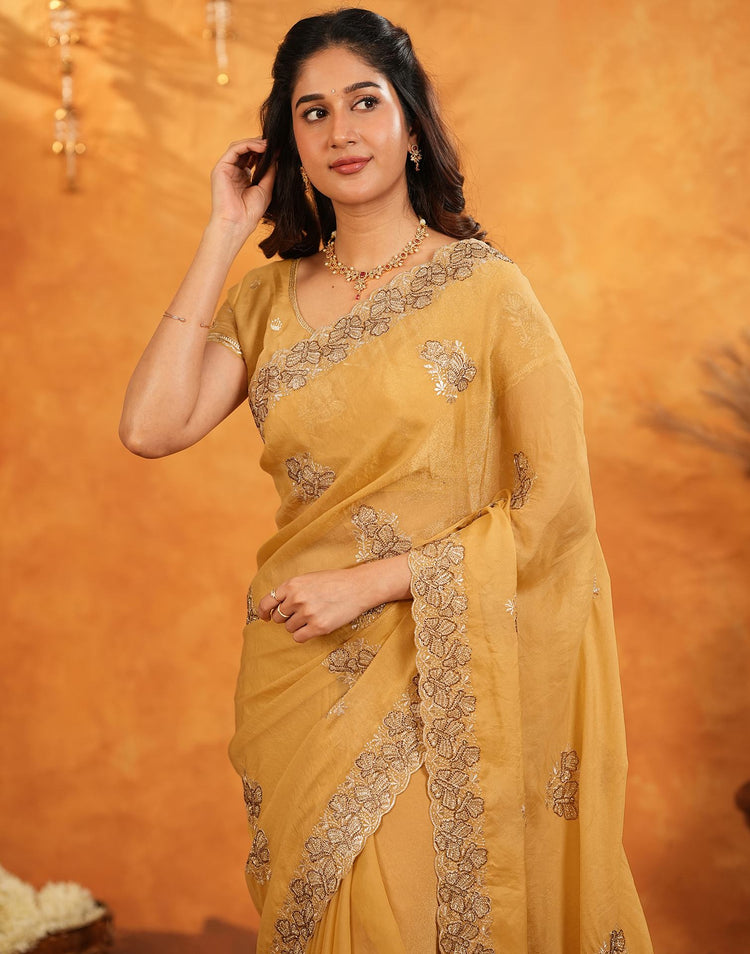 Light Mustard Shimmer Silk Stone Work Embroidery Saree