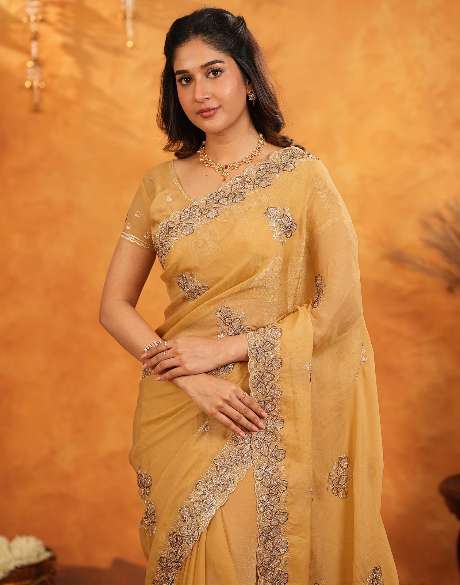 Light Mustard Shimmer Silk Stone Work Embroidery Saree