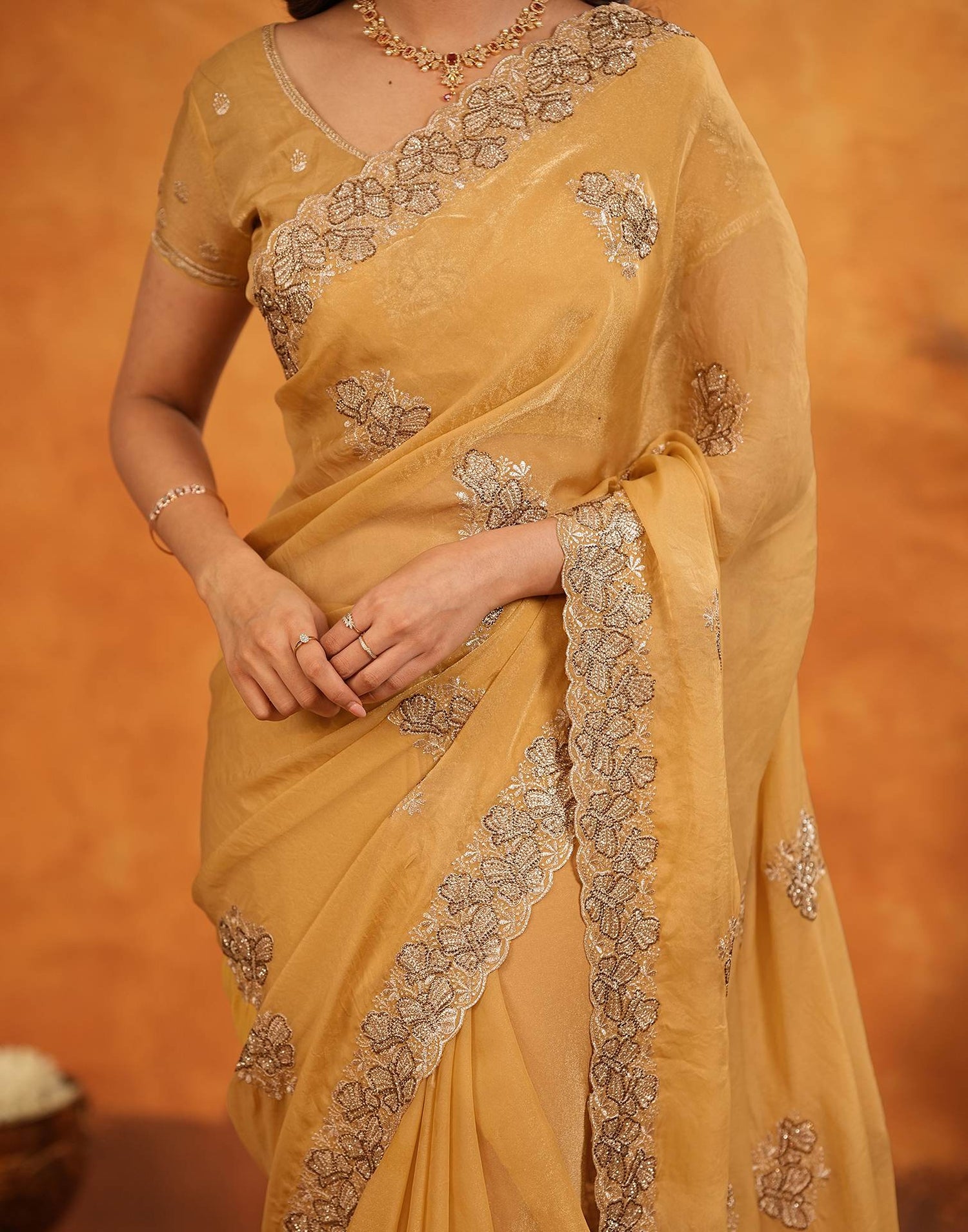 Light Mustard Shimmer Silk Stone Work Embroidery Saree