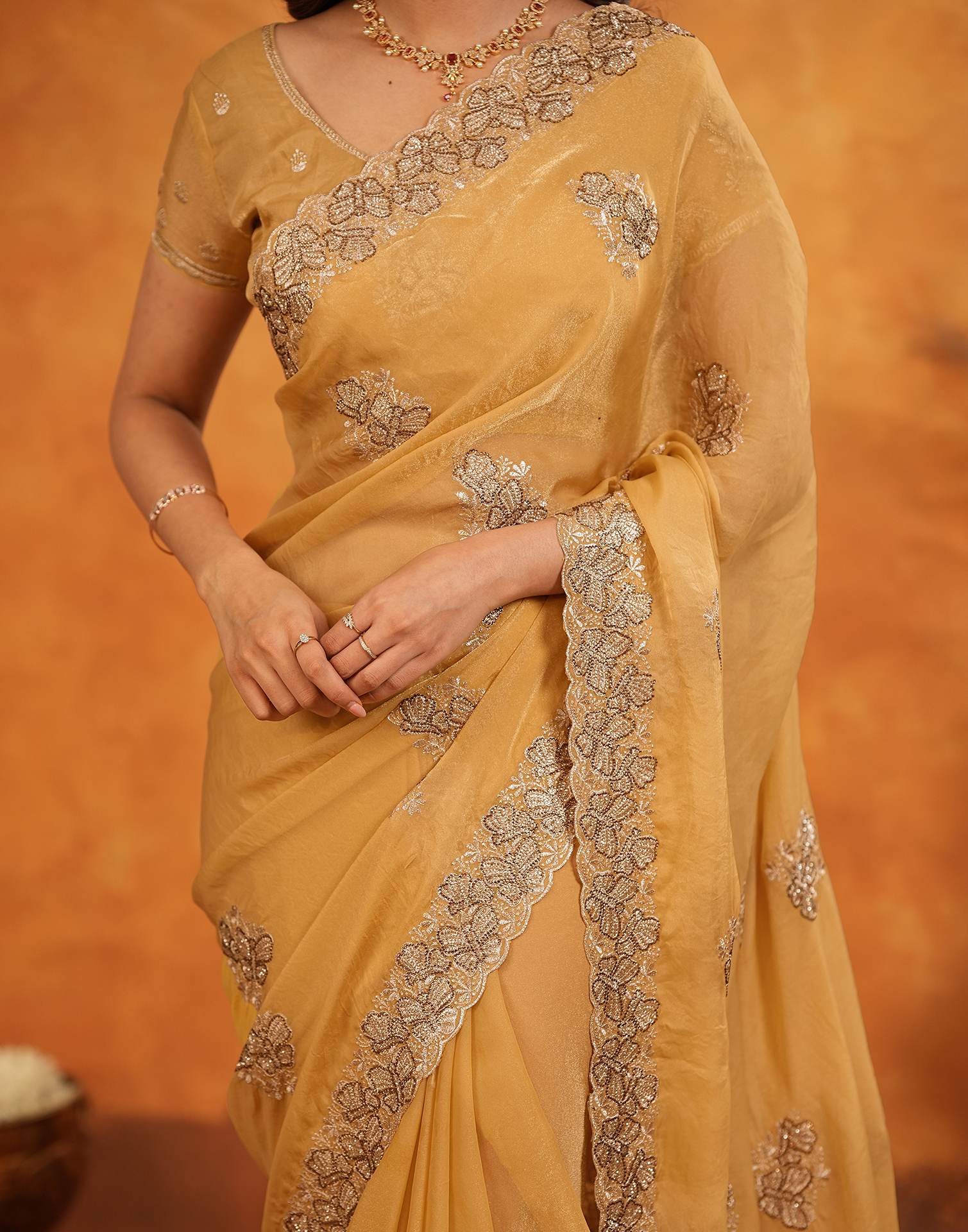 Light Mustard Shimmer Silk Stone Work Embroidery Saree