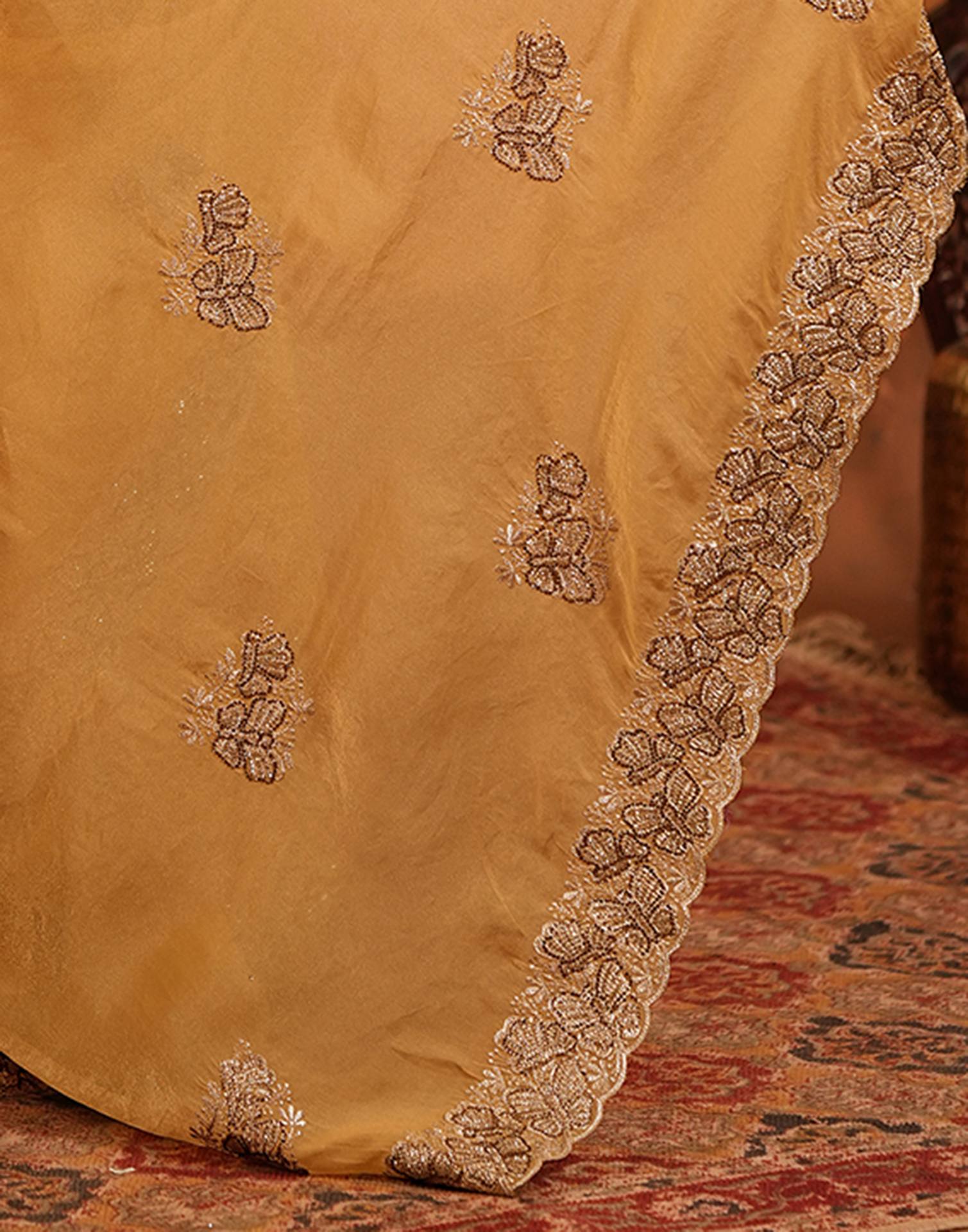 Light Mustard Shimmer Silk Stone Work Embroidery Saree