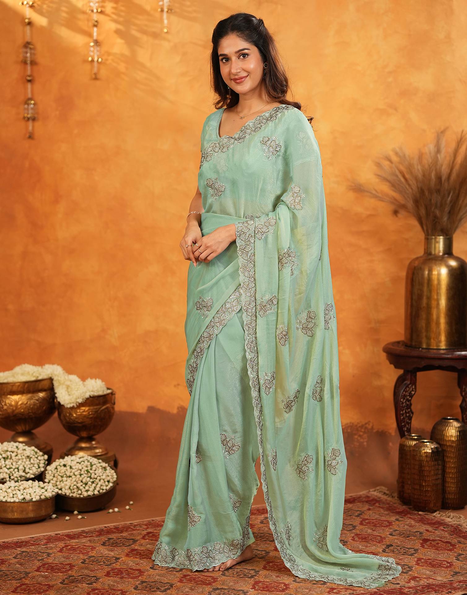Light Mint Green Shimmer Silk Stone Work Embroidery Saree