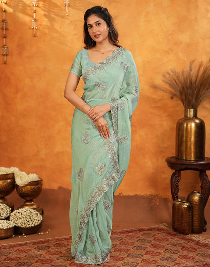 Light Mint Green Shimmer Silk Stone Work Embroidery Saree