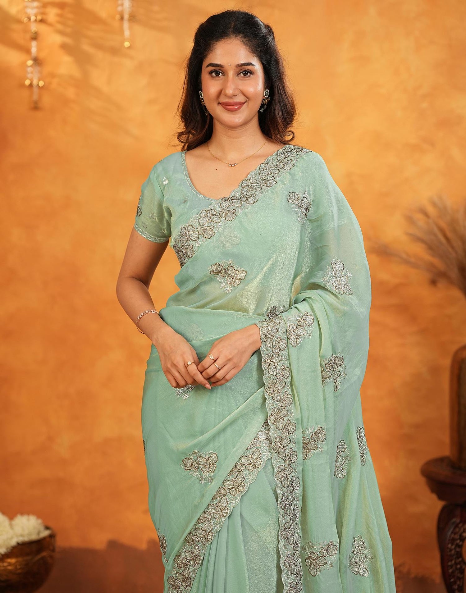 Light Mint Green Shimmer Silk Stone Work Embroidery Saree