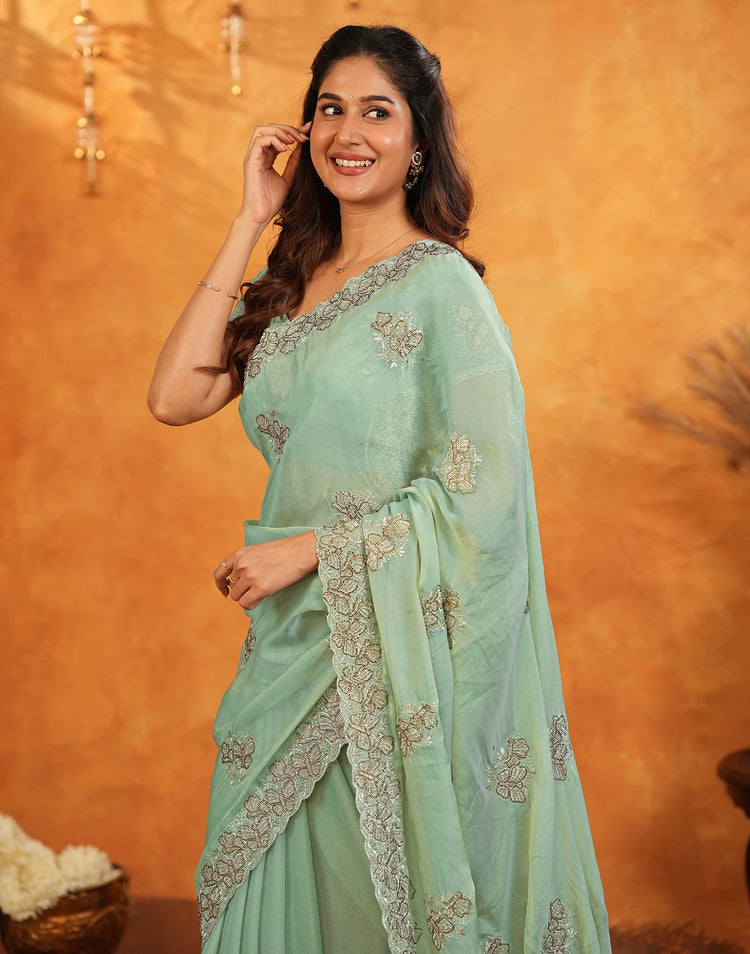 Light Mint Green Shimmer Silk Stone Work Embroidery Saree